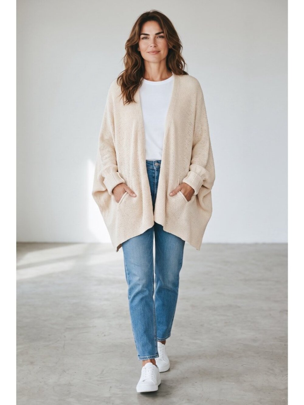 Free People Open Knit Cardigan Womens Large Cream Oversized V Neck  new